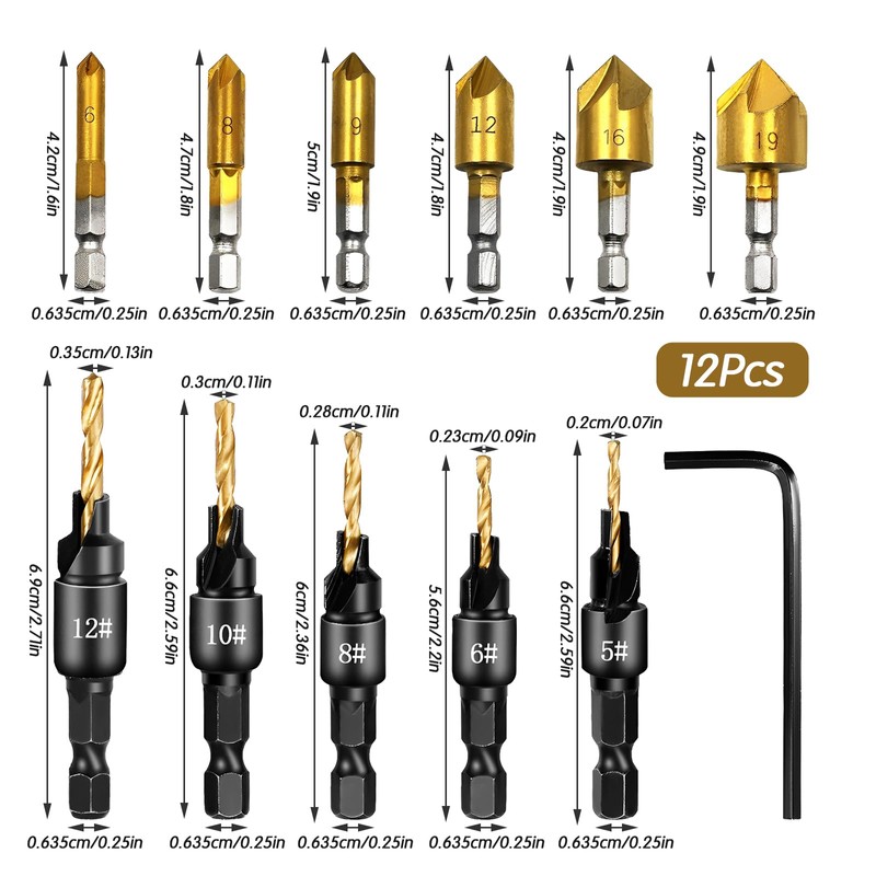 12 PCS Countersink Drill Bit Set, Counter Sink Drill Bits