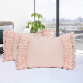 HIG Pack of 2 Chic Ruffle Pillow Shams, King Size Peach Pink French Country Style Vintage Pillowcases with Handcraft Ruffle, Boho Frilly Pillow Shams for Bedroom, Microfiber, 20" X 36" (Emory)