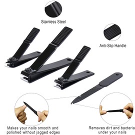 4 Piece Nail Clippers Set, Ultra Sharp, Sturdy Black Stainless Steel Fingernails, Toenail Clippers and a Nial File with Leather Travel Case (Black and Black Bag)