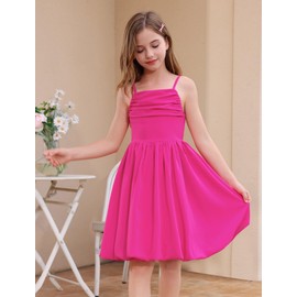 Girl's Summer Smocked Spaghetti Straps Ruched Bubble Short Dress 5th Grade Graduation A-line Tween Girls Trendy Clothes Prom Homecoming Gown Back to School Vestido Para Niñas Hot Pink 11-12 Years