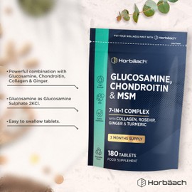 Glucosamine and Chondroitin High Strength 7-in-1 | 180 Tablets | 1200mg Complex with Glucosamine Sulphate 2KCl, MSM, Collagen and Ginger Root | Supplement for Men and Women | By Horbaach
