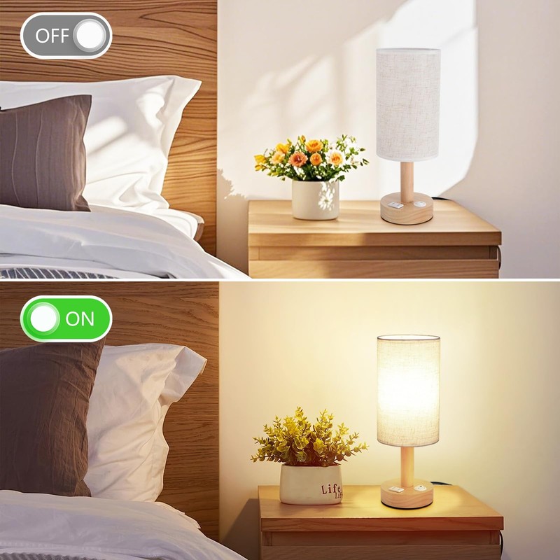 Small Bedside Table Lamp with AC Outlet, Natural Wood Base