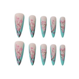 JUSTOTRY 24 Pcs Flower Stiletto Fake Nails Long,Green French Press on Nails Patterns, Beautiful Almond Stick on Nails for Women, Acrylic Extra Long False Nails Long with Glue for Nail Art