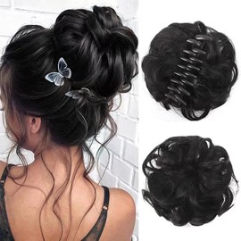 Claw Clip Messy Bun Hair Piece Wavy Curly Hair Bun Clip in Claw Ponytail Hairpieces Synthetic Tousled Updo Hair Extensions Scrunchie Hairpiece for Women, Golden Brown Mixed Blonde (black)