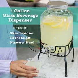 Estilo Glass Drink Dispenser with Stand - 1 Gallon Glass Jar Beverage Dispenser with Stand - Glass Water Dispenser Countertop for Weddings - Sun Tea Jar with Spigot 1 Gallon - Lemonade Dispenser
