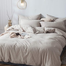 BESTOUCH Duvet Cover Set 100% Washed Cotton Linen Feel Super Soft Comfortable Chic Lightweight 3 PCs Home Bedding Set Solid Linen Beige Queen