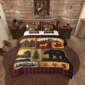 Erosebridal Bear Cabin Plaid 7 Piece Comforter Set Twin,Rustic Farmhouse Bed in a Bag,Retro Hunting Deer Bedding,Country Woodland Pine Tree Quilt Set,Maple Leaf Lodge Fitted Sheet,Red Black Brown