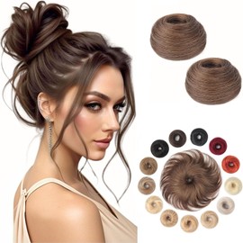 KISANOF Messy Bun Hair Piece Human Hair Chocolate Brown Wavy Tousled Stretchy Fluffy Donut Updo Elastic Rubber Band Messy Bun with Elastic Band(2 Count #4 Medium Brown)