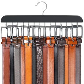 Belt Hanger for Closet Max 42 Belts, Sturdy Wood Belt Rack Closet Accessories with 14 Hooks Belt Organizer for Closet Organizers and Storage -Black 1 Pack