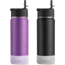 koodee 2 Pack Water Bottle With Straw 26 oz Stainless Steel Insulated Wide Mouth Water Bottle for Adult Reusable BPA Free (Purple-Black)