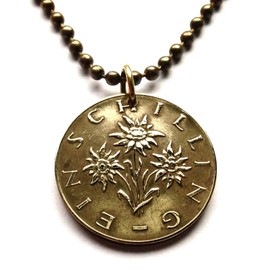 1961 Austria Osterreich 1 Schilling coin pendant Edelweiss flower Alpine plant daisy sunflower Vienna Salzburg Graz Linz Innsbruck Klagenfurt Villach Tyrol Styria Carinthia Sankt Polten Wels n000443
