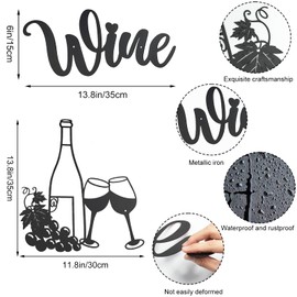 AUHOKY Kitchen Wine Theme Wall Decor, Modern Black Metal Wine signs Wall Art Decoration, Wine Glasses Bottle Grape Wall Hanging Sculpture for Indoor Outdoor Restaurant Bar Home (Black)
