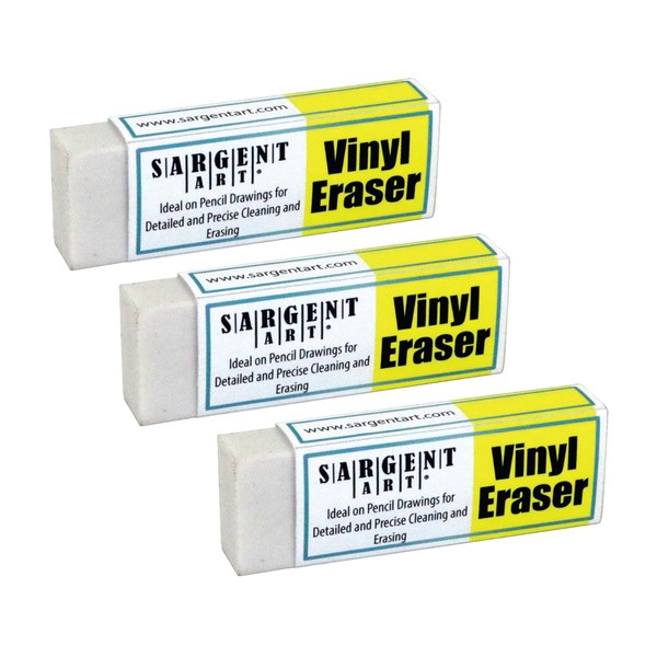 Sargent Art Plastic Set Vinyl Erasers, (3 Pack), Sleeve Included, Easy to Use, No Stains, Flexible, Broad Range of Use.
