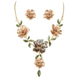 Fenni Lovely Crystal Cherry Blossom Flower Choker Collar Bib Statement Necklace Earrings Sets Costume Jewelry (Coffee)