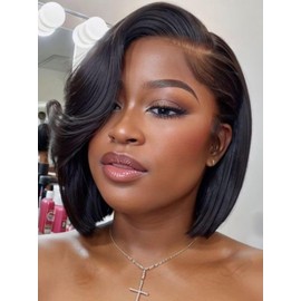 Nadula Short Layered Bob Human Hair Wig with Side Bangs 12 Inch Glueless 7x5 Bye Bye Knots Lace Closure Wig Pre Plucked Pre Cut Drawstring Wig Real Human Hair Ready to Wear for Women 150% Density