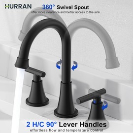 Hurran Bathroom Faucet for 3-Hole Sink,made of lead-free stainless steel.Includes pop-up drain and supply lines. Easy Installation,Swivel Spout  black Water Flow Ceramic Valves - Color: Matte Black