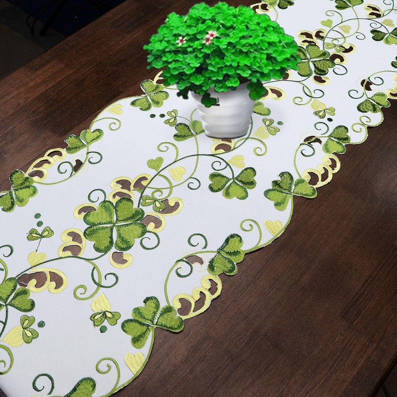 Grelucgo Embroidered Decorative Shamrock Table Runner for St. Patrick's Day