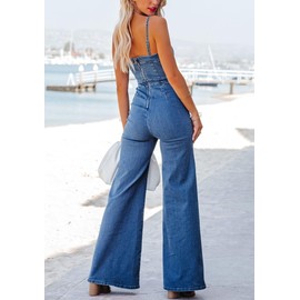 chouyatou Women's Vintage Distressed Adjustable Strap Denim Overalls Stretchy Sleeveless Jumpsuit Jeans Pants (Medium, Blue)