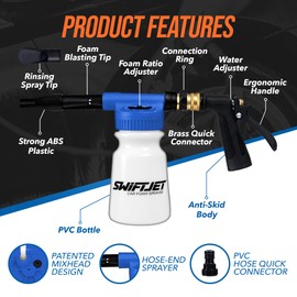 SwiftJet Car Wash Foam Gun + Microfiber Wash Mitt - Foam Cannon Works with Any Soap - Garden Hose Car Foam Sprayer - Car Wash Kit - Car Accessories Foam Blaster (Blue Foam Gun with Mitt)