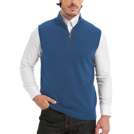 KALLSPIN Men’s Cotton Quarter Zip Stand Collar Sweater Vest Thick Knitwear Casual Sleeveless Pullover(Blue, Large)