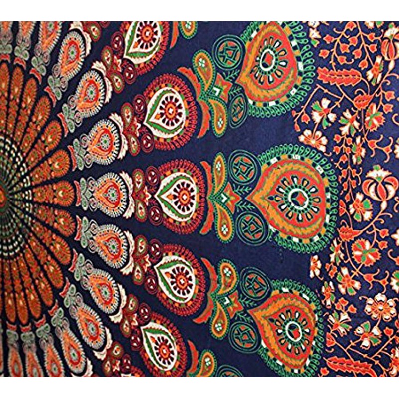raajsee Blue Orange Tapestry Mandala Wall Hangings, Indian cotton Throw