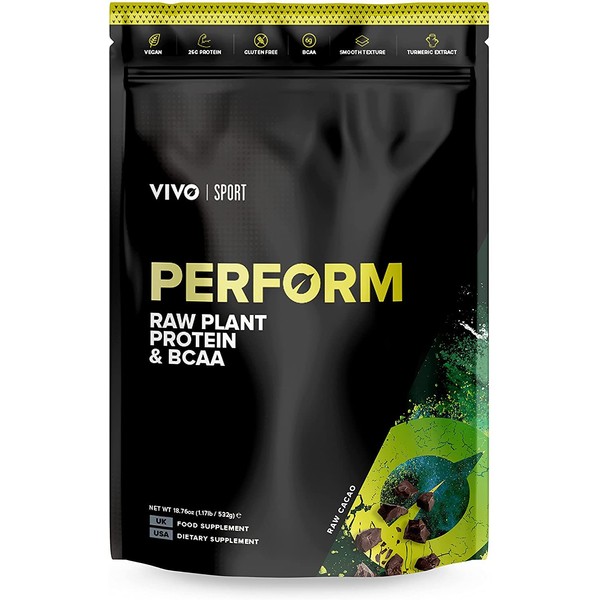 Vivo Life Perform Raw Vegan Protein Powder Cocoa Flavour - BCAA Pea and Hemp Blend, Vegetable Protein Shake, with Hymalayan Salt from Punjab Pakistan (532 g (Pack of 1)