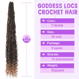 Goddess Locs Crochet Hair 30inch 9 Packs T1B30 Boho Faux Locs Crochet Hair with Curly Ends Pre Looped Bohemian Locs for Women