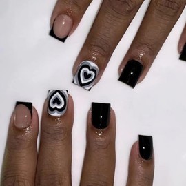 Black French Tip Press on Nails Short Square Fake Nails with Black & White Heart Design Valentine’s Day False Nails Acrylic Nails Full Cover Glossy Reusable for Women Girls Daily Wear Manicure 24Pcs