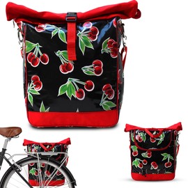 IKURI Bicycle Bag for Pannier Rack Saddle Bag Single Bag Pannier Bag Removable with Carry Strap for Shoulder Made of Oilcloth Unisex Waterproof - Model Cerezas Black