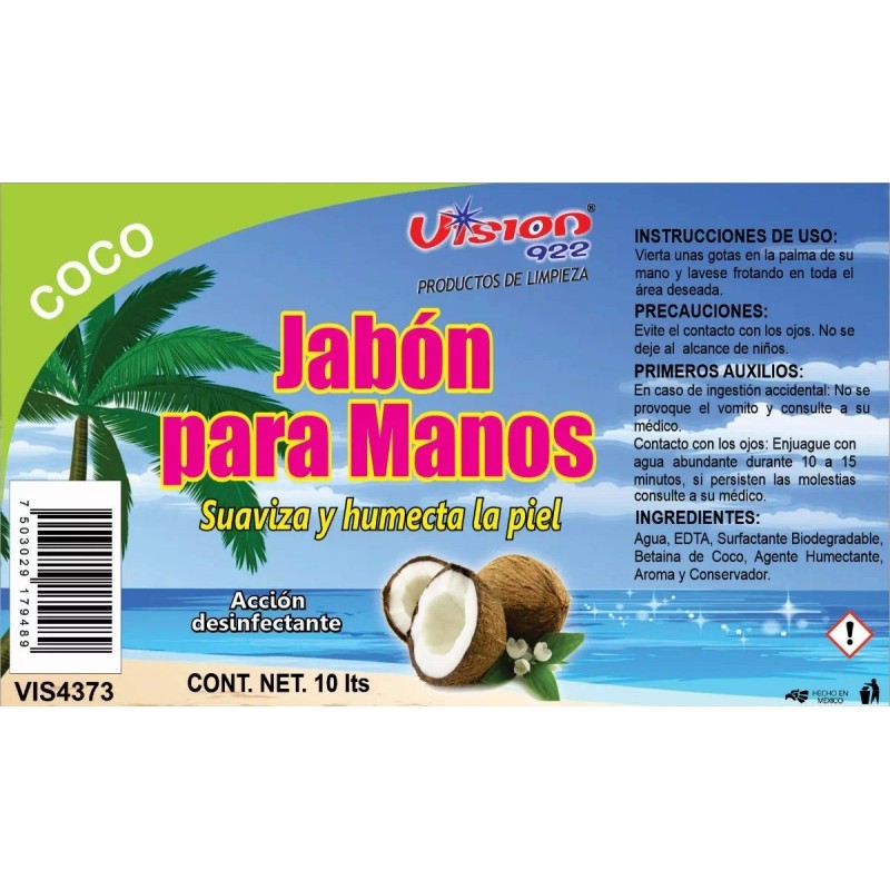 VISION 922 Jabón Liquido Para Manos Aroma Coco 10 L