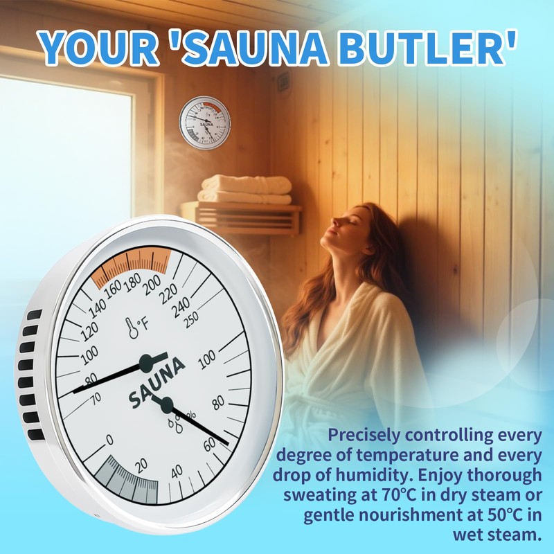 Sauna Thermometer & Humidity Meter with Fahrenheit - All-Metal Wall