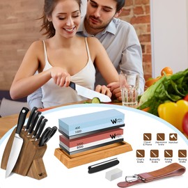Knife Sharpening Stone Kit – 400/1000 3000/8000 Grit Wet Kitchen Whetstone Knife Sharpener Set with Non-slip Bamboo Rubber Base, Angle Guide, Flattening, Leather Strop and Cut Resistant Gloves