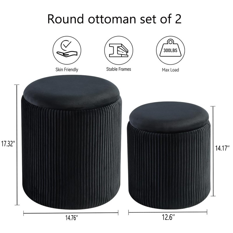 Round Ottoman with Storage Set of 2-Upholstered Sherpa Vanity Stool