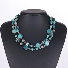 FULU AUTUMN Short Shell Beaded Layered Necklace Silver Pearl Chunky Statement Necklace Turquoise Costume Jewellery for Women Mothers Day Gift(Turquoise)