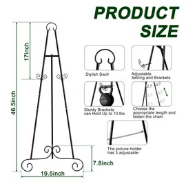 2 Pack 46" H Metal Round Tube Scroll Display Easel, Classic Black Decorative Large Adjustable Floor Standing Easel with Chain Support, Perfect for Showcasing Pictures, Artwork, Wedding Sign Etc