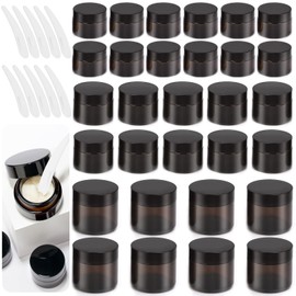 Swpeet 40 Packs 0.18oz 0.35oz 0.7oz Amber Glass Jar with Lid and Plastic Spoon Assortment Kit, Round Containers Cosmetic Glass Jars with Inner Liners and Lids Travel Jars Cosmetic Containers