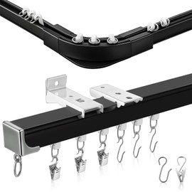 Juexica 3ft-16.4ft / 5 Meter Curtain Track Set with 90° Corner Bend Adjustable Aluminum Ceiling & Wall Mount Curtain Rail, L-shaped Divider Track for Living Room Bedroom with Roller Clips Hooks(Black)