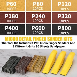 Gnellkoor Mini Micro Gator Detail Sander 3 Pack with 90 Sheets 60 80 120 180 240 320 400 600 800 Grit Sandpaper Finger Sander for DIY Crafts Wood Finishing Tight Narrow Polishing