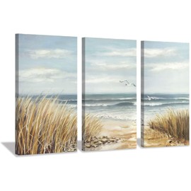 Abstract Beach Canvas Wall Art: Seashore Grasses Artwork Print Seascape Painting for Walls (26'' x 16'' x 3 Panels)