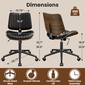 YaFiti Home Office Chair with Wheels, Armless Office Desk Chair Height Adjustable, Swivel Rolling Modern Walnut Mid Back Computer Task Chair for Home, Small Space, Black, Vertical Stripe