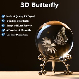 IFOLAINA 3D Butterfly Crystal Ball Paperweight Glass Sphere Figurines for Home Decor Ideal Butterfly Ornament Birthday Gift for Women 60mm Butterfly Figurine Décor