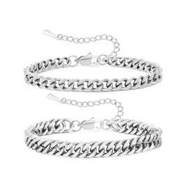 2 Pcs Stainless Steel Bracelet for Men Women Sturdy Silver Rope Figaro Cuban Link Bracelet Set Stack Silver Chain Bracelets for Men Dad Husband