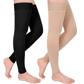 GODORIO 2Pairs 20-30mmHg Thigh High Compression Stockings, Footless Thigh High Compression Socks for Women, Medical Compression Stockings for Varicose Veins, Swelling, Teacher, Doctor（Beige&Black, M）
