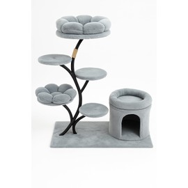 Meraki Home Modern Cat Tree Tower for Indoor Cats – Multi-Level Cat Condo with Steel Frame, Plush Flower Beds, Scratching Post, Hideout Cave & Dangling Toys, Stylish Cat Furniture, Grey