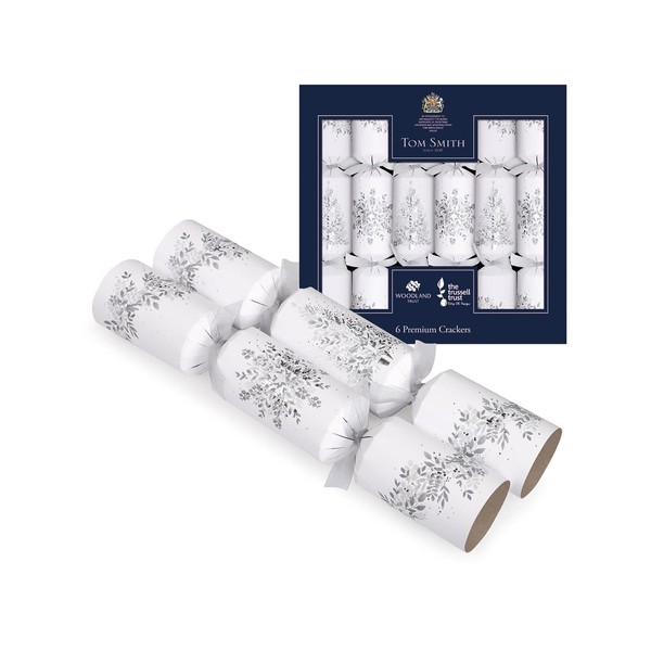 Tom Smith Pack of 6 Premium White & Silver Snowflake Tree Design Charity Christmas Crackers 34cm
