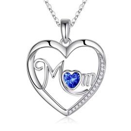 Iefil Birthstone Necklaces for Mom - Mothers Day Gifts Idea, Birthday Gifts for Mom, Sapphire Necklace, 925 Sterling Silver September Heart Birthstone Necklace for Mom, Jewelry Gifts for Bonus Mom