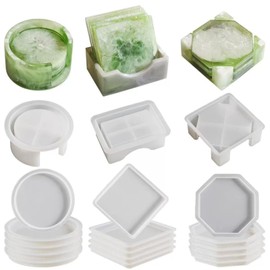 18PCS Coaster Resin Molds Silicone,Silicone Resin Coaster Molds Set with Storage Box,Round Square Octagon Shape Epoxy Resin Mold for Cup Mat Art Craft