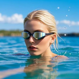 Vanolu Anti-Fog Swim Goggles for Adults, UV Protection Mirrored Lenses, Dual Strap Adjustable, Leak-Proof Swimming Glasses (Black Sliver)