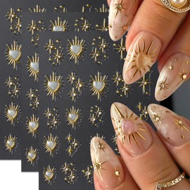 3 Sheets Star Nail Stickers for Nail Art 5D Embossed Gold Nail Decals with Heart Rhinestones Star Design Manicure Supplies Aurora Heart Metallic Star Nail Art Stickers for Women DIY Decor Accessories