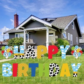 Memorywuu 15 Pcs Cartoon Story Happy Birthday Yard Sign with Stakes Toy Inspire Game Outdoor Birthday Decorations Waterproof Happy Birthday Lawn Sign for Birthday Party Celebration Supplies